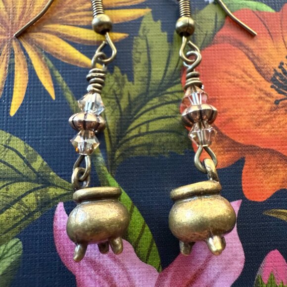 Handmade Earring Set Champagne Crystal Elemental Witch & Brass Ox Cauldron Charm - Picture 4 of 5